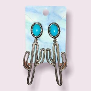 Cactus Silver Turquoise Stone Post Southwestern Earrings